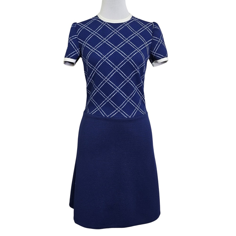 Vintage 60s Mod Blue Plaid Dbl Knit Poly Dress ALine S/S Retro Womens M Gogo